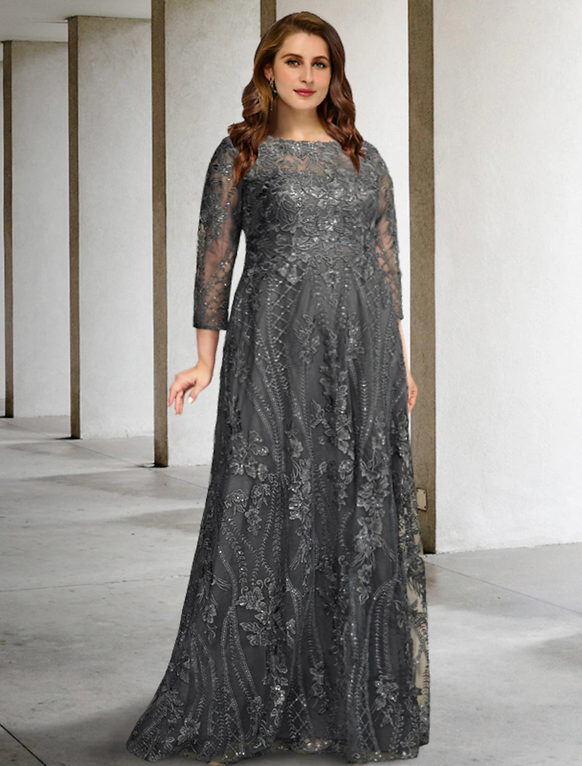 A-Line Plus Size Curve Mother of the Bride Dresses Elegant Dress Formal Wedding Guest Sweep / Brush Train Long Sleeve Jewel Neck Chiffon