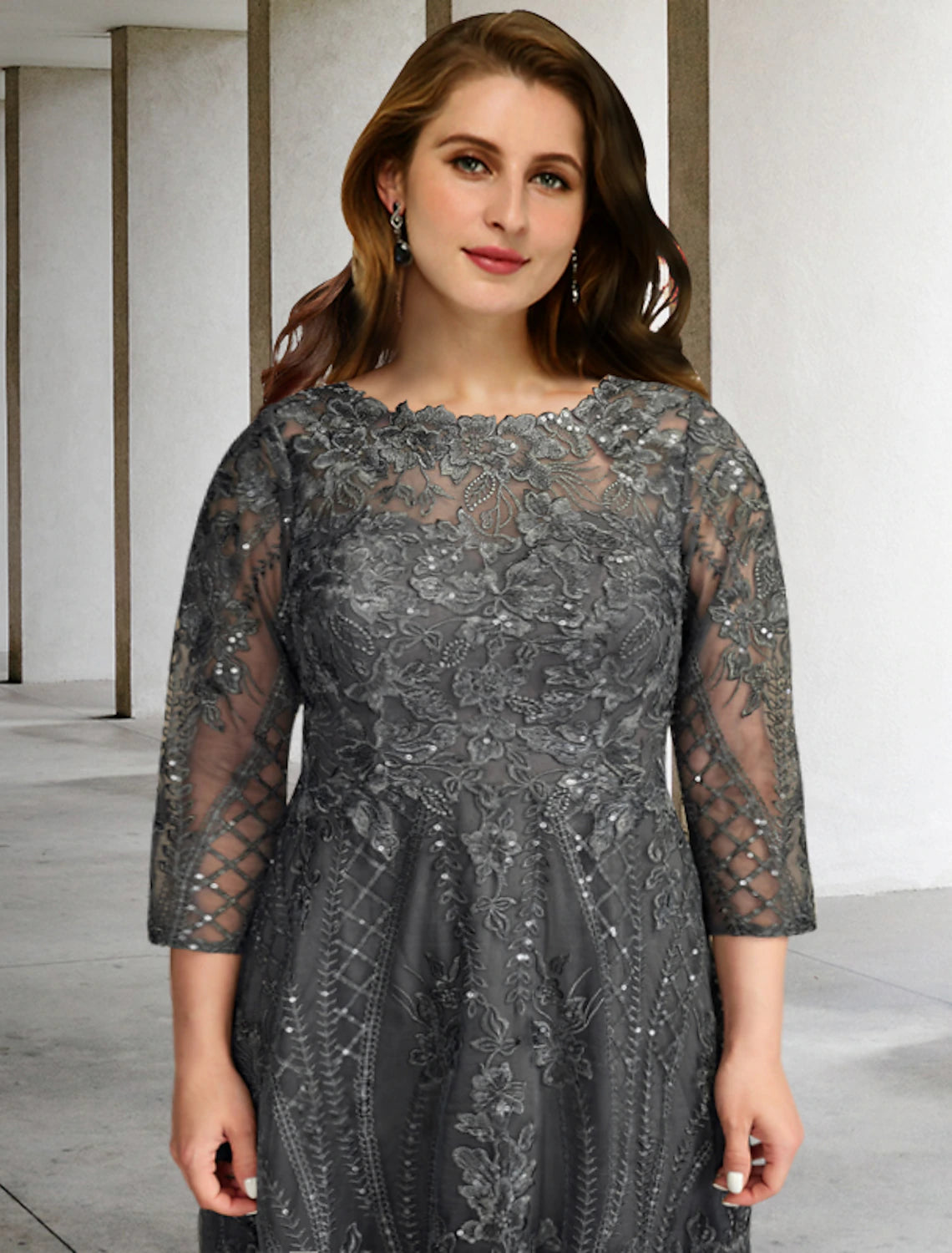A-Line Plus Size Curve Mother of the Bride Dresses Elegant Dress Formal Wedding Guest Sweep / Brush Train Long Sleeve Jewel Neck Chiffon