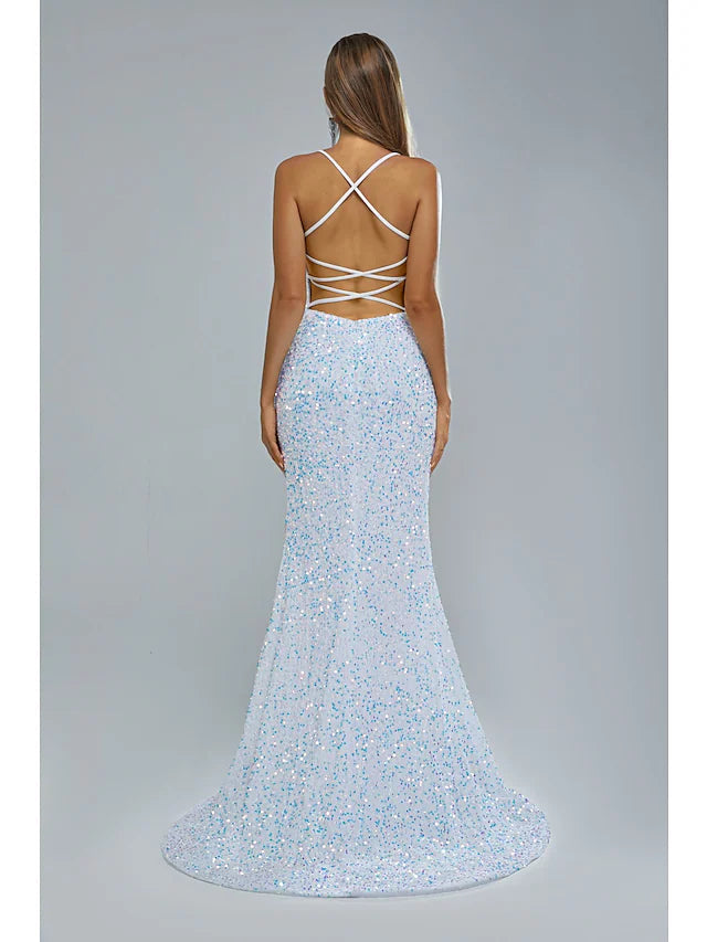 Mermaid / Trumpet Evening Gown Elegant Dress Party Wear Court Train Sleeveless Spaghetti Strap Lace Crisscross Back