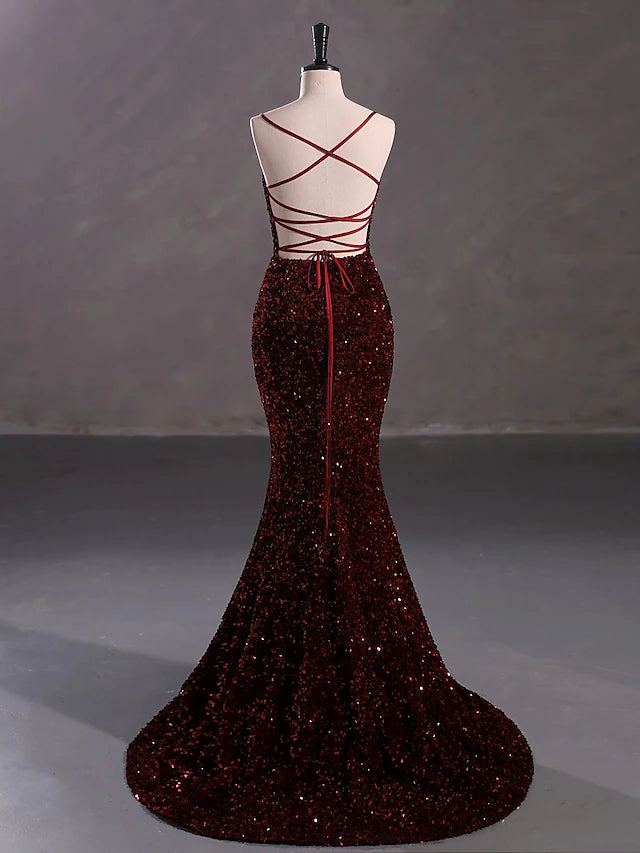 Mermaid / Trumpet Evening Gown Elegant Dress Party Wear Court Train Sleeveless Spaghetti Strap Lace Crisscross Back