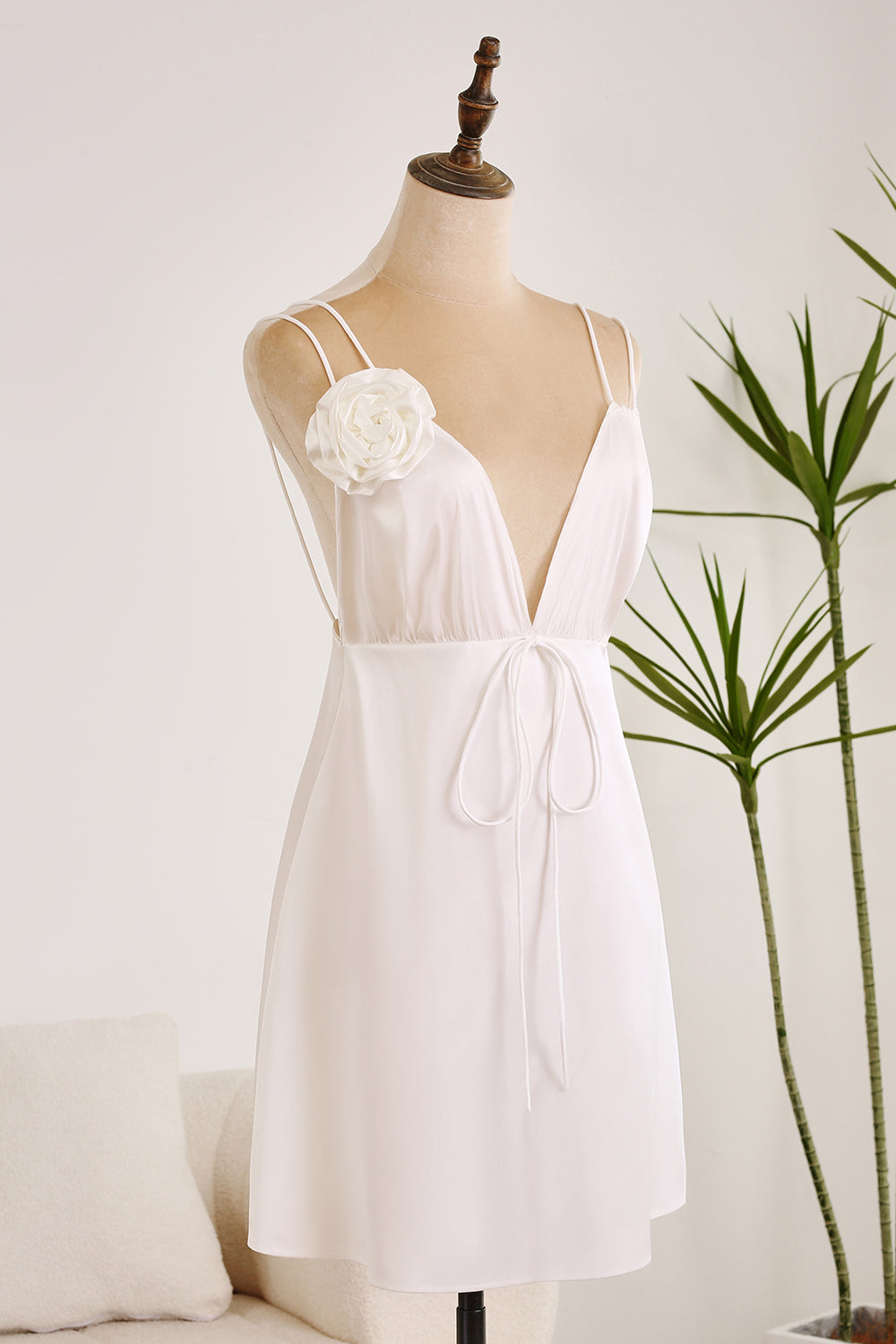 Simulated Silk Satin Deep V Neck Backless Cute White Short Graduation Dress Pure Color