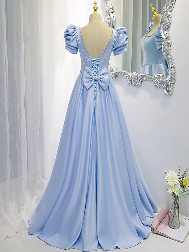 A-Line Bridesmaid Dress Square Neck Short Sleeve Elegant Satin with Bow(s) Beading Beautiful