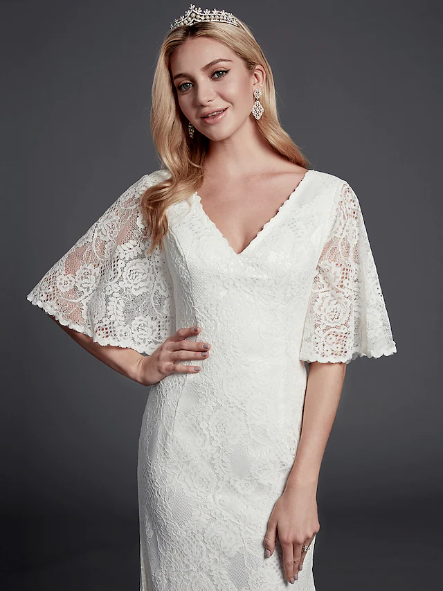 Long Wedding Dresses V Neck Lace Half Sleeve Beautiful Back with Lace