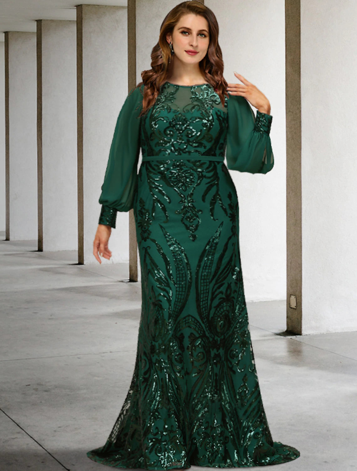 Mermaid / Trumpet Mother of the Bride Dresses Plus Size Hide Belly Curve Elegant Dress Formal Sweep / Brush Train Long Sleeve Jewel Neck Chiffon