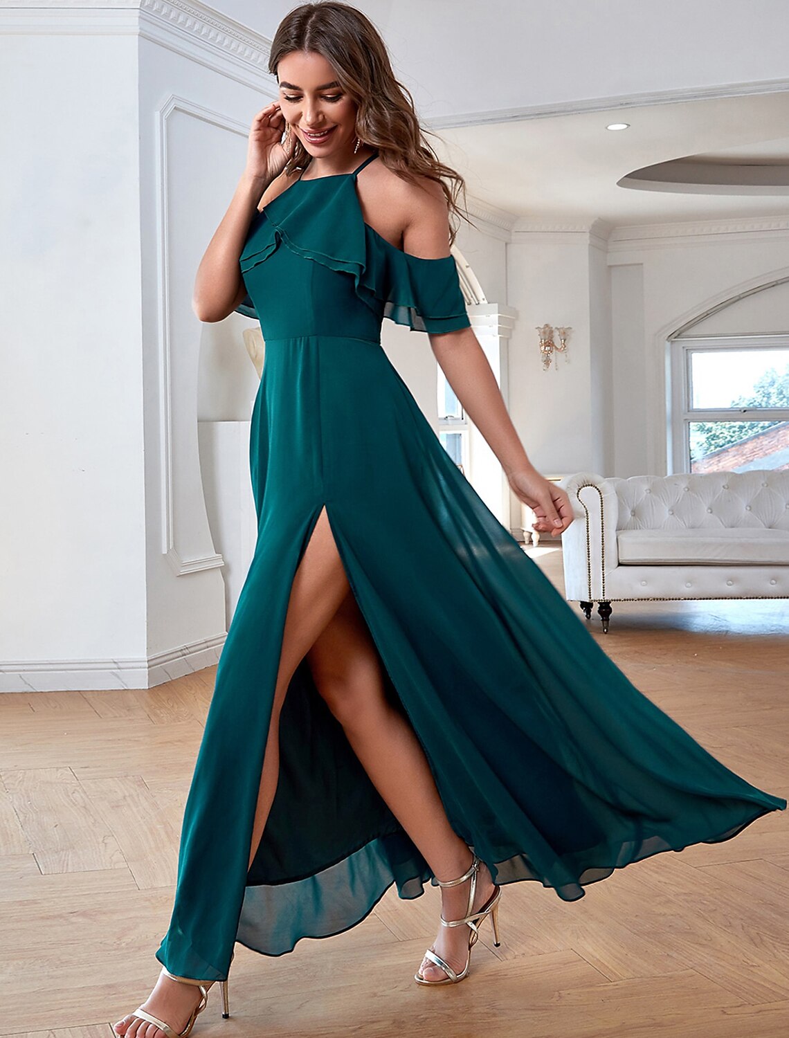 A-Line Elegant Vintage Party Wear Formal Evening Dress Spaghetti Strap Short Sleeve Ankle Length Chiffon with Ruffles Slit