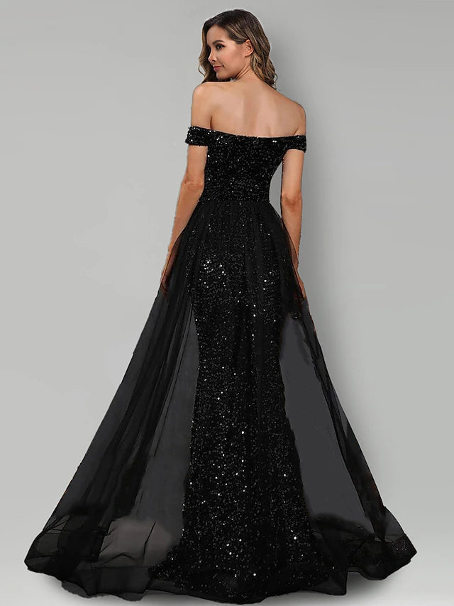 Mermaid / Trumpet Evening Gown Black Dress Formal Sweep / Brush Train Sleeveless Off Shoulder Tulle