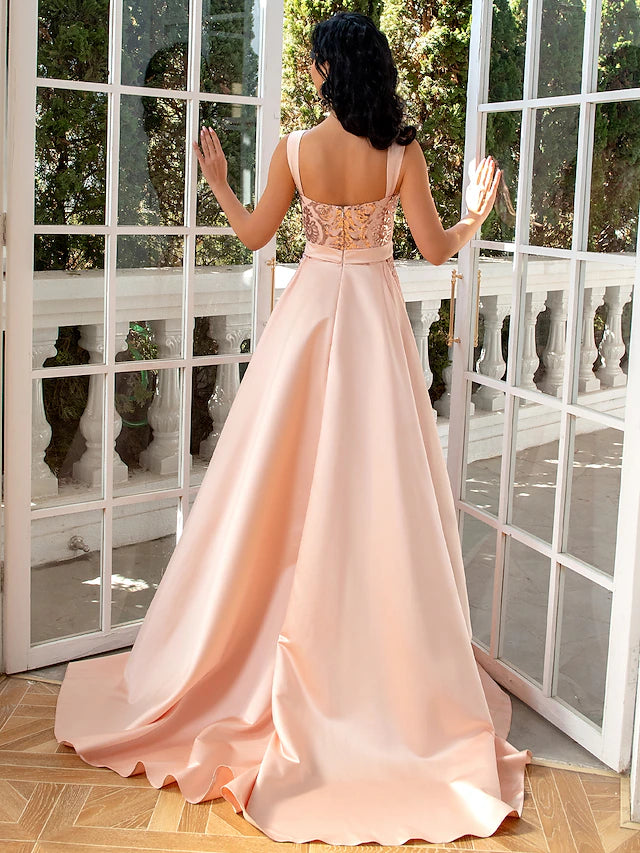 Mermaid / Trumpet Evening Gown Luxurious Dress Wedding Party Floor Length Sleeveless V Neck Detachable Satin