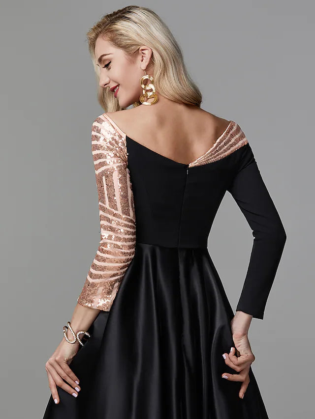 Ball Gown Sparkle Quinceanera Formal Evening Dress Off Shoulder Long Sleeve Floor Length Satin