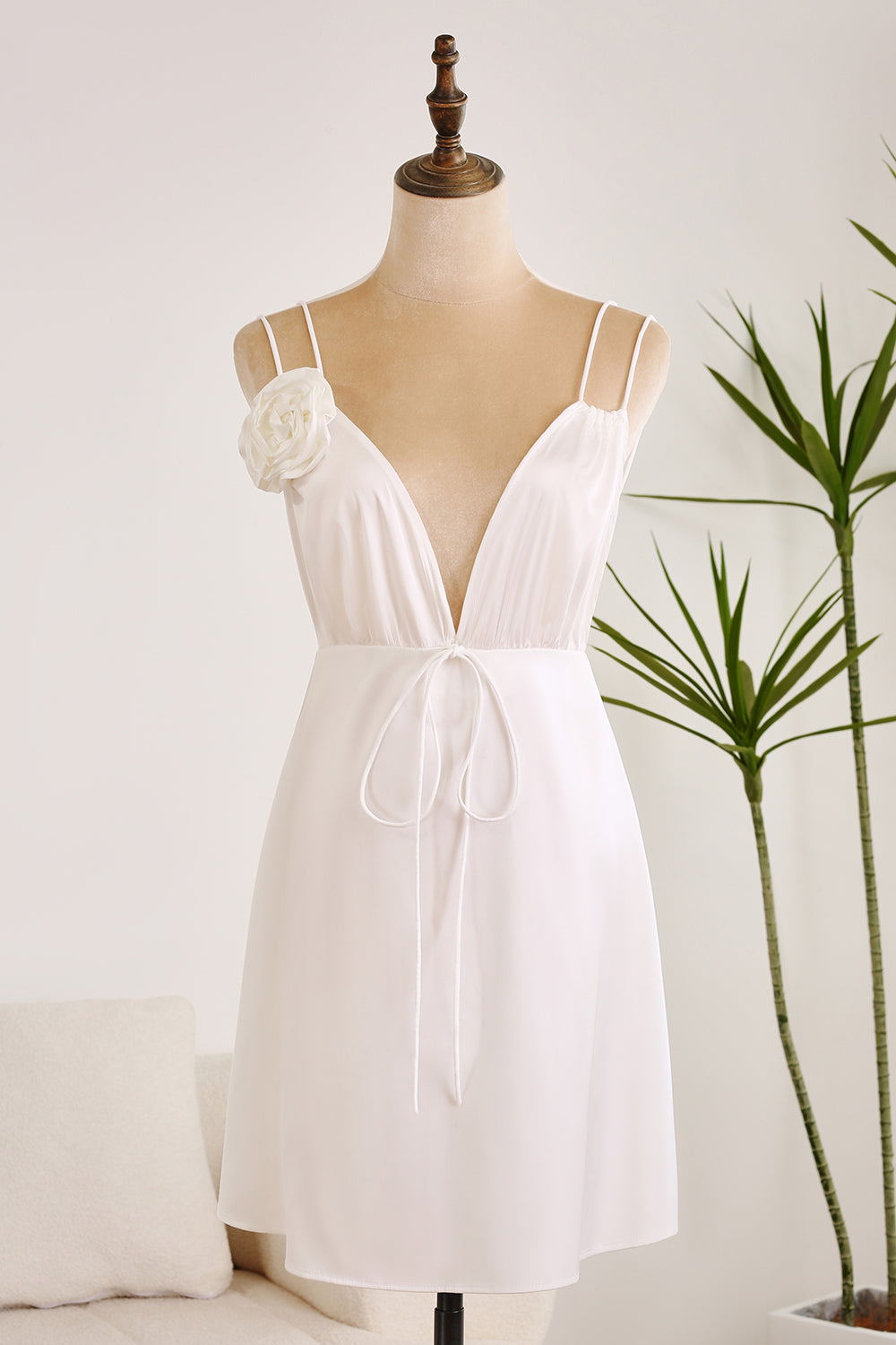 Simulated Silk Satin Deep V Neck Backless Cute White Short Graduation Dress Pure Color