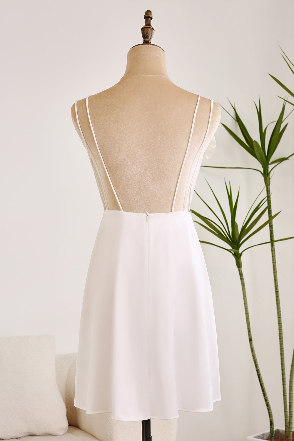 Simulated Silk Satin Deep V Neck Backless Cute White Short Graduation Dress Pure Color