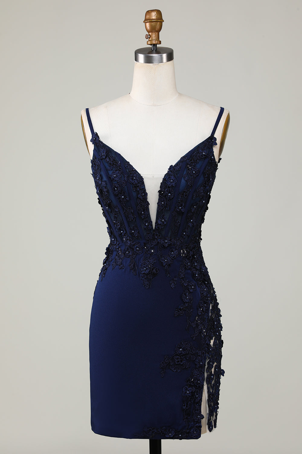 Sparkly Navy BlueTight Corset Short Homecoming Dress with Lace With Flowers