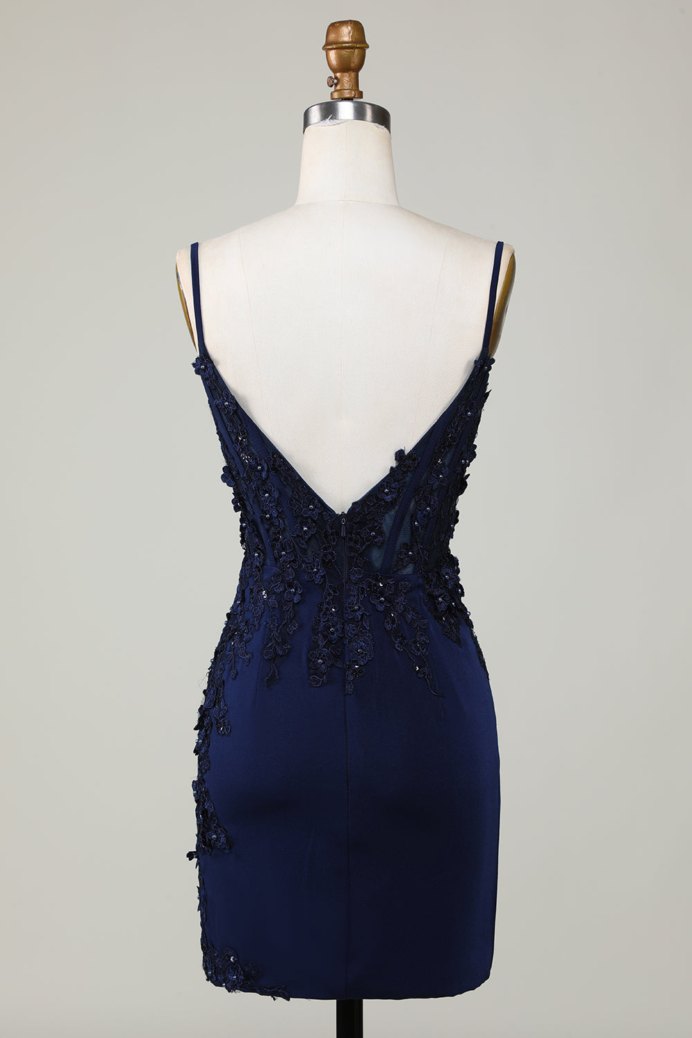 Sparkly Navy BlueTight Corset Short Homecoming Dress with Lace With Flowers