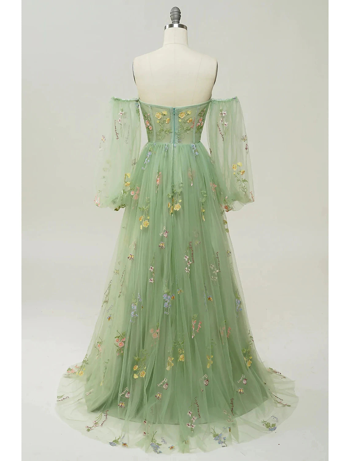 A-Line Evening Gown Floral Dress Formal Floor Length Long Sleeve Sweetheart Lace Backless with Pleats