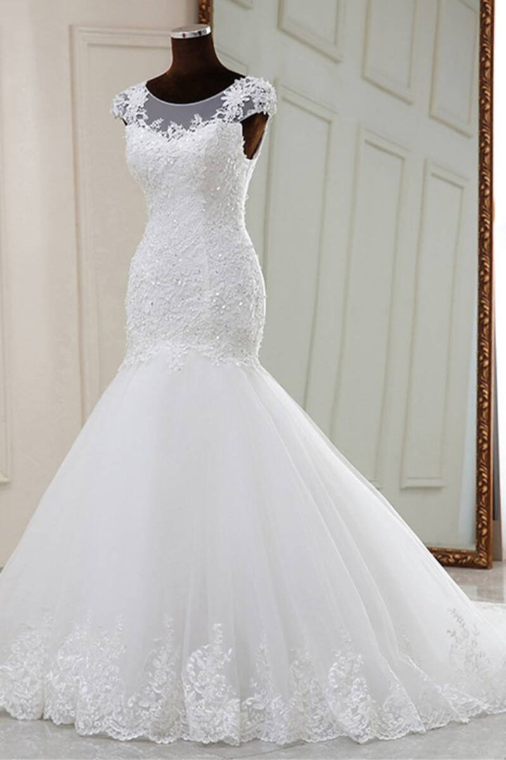 Elegant White Beaded Embroidered Cap Sleeve Trumpet Wedding Dress Long