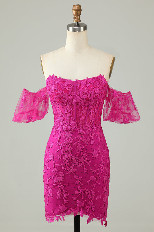 Fuchsia Sheath Off the Shoulder Short Homecoming Dress With Appliques Sexy