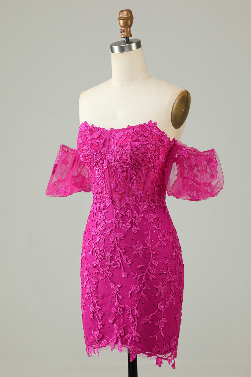 Fuchsia Sheath Off the Shoulder Short Homecoming Dress With Appliques Sexy