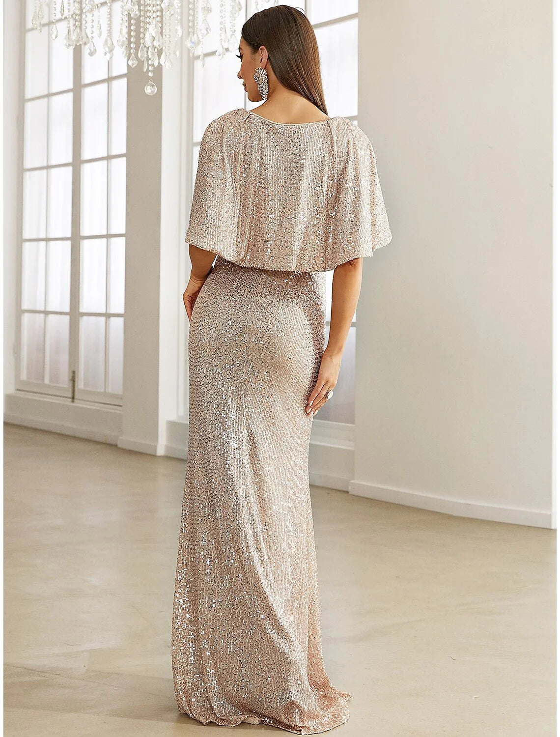 Mermaid / Trumpet Evening Gown Elegant Dress Formal Fall Sweep / Brush Train Half Sleeve V Neck Sequined