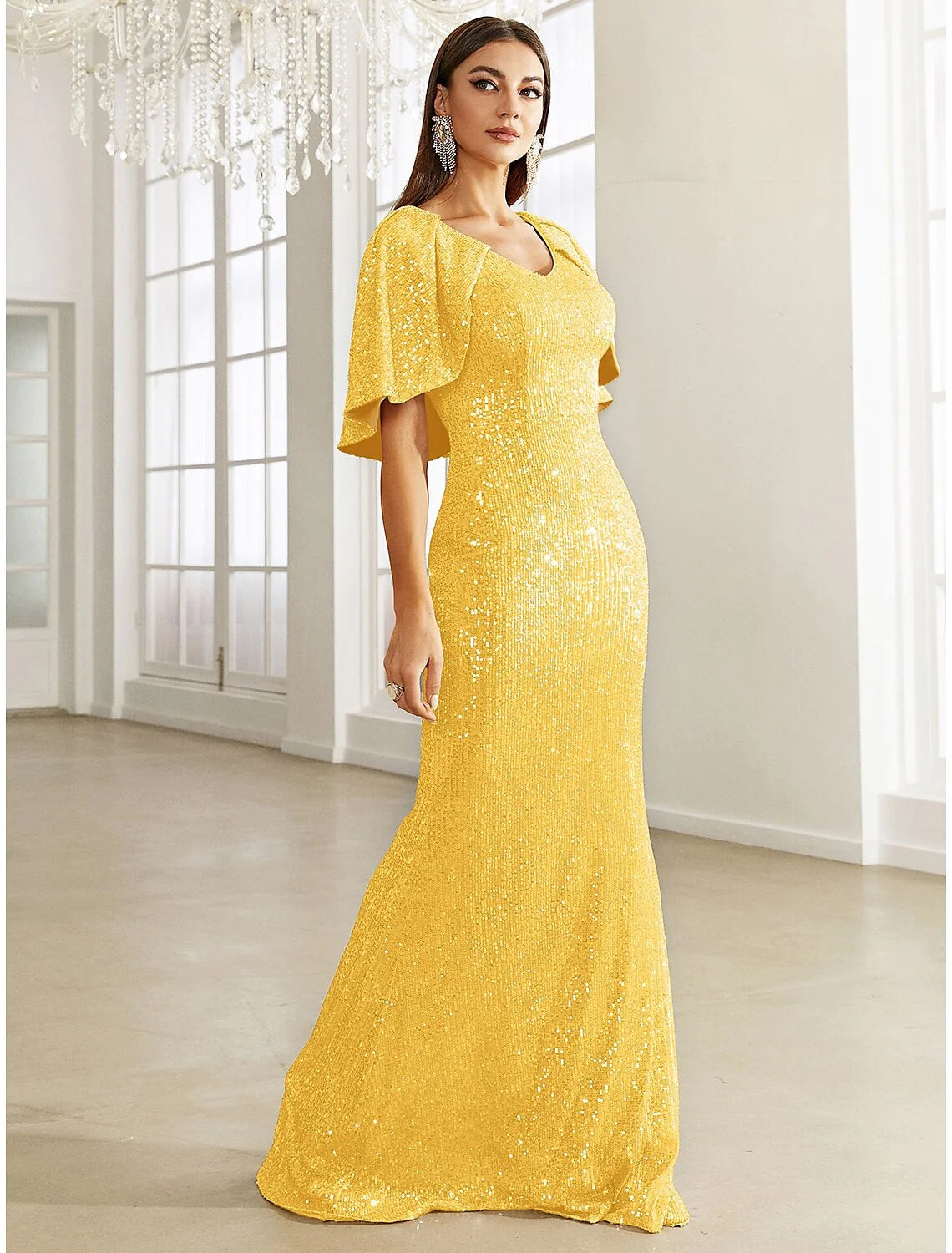 Mermaid / Trumpet Evening Gown Elegant Dress Formal Fall Sweep / Brush Train Half Sleeve V Neck Sequined