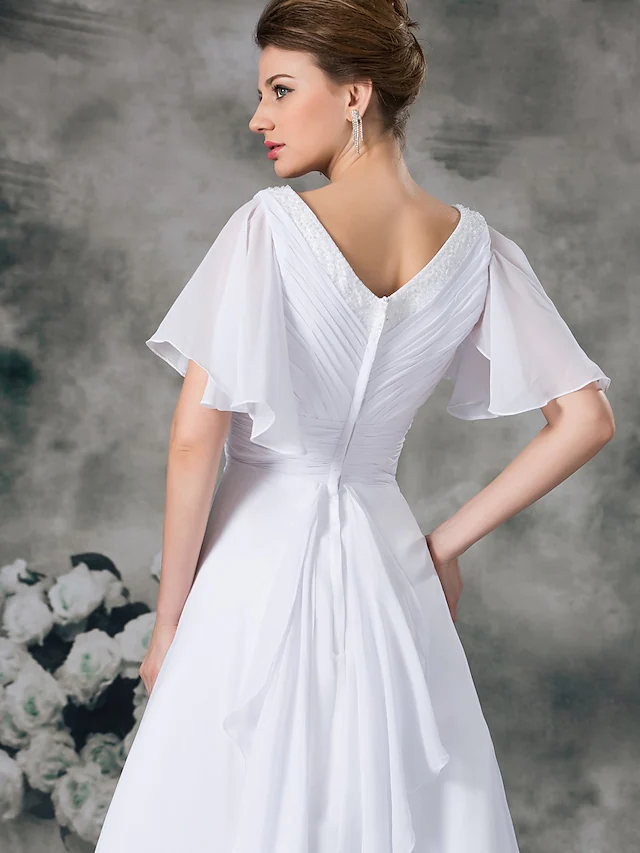 A-Line Wedding Dresses V Neck Chapel Train Chiffon Satin Short Sleeve with Ruched