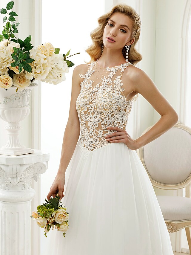 Ball Gown Wedding Dresses Jewel Neck Chapel Train Lace Tulle Lace Over Tulle Regular Straps See-Through Beautiful Back with Buttons