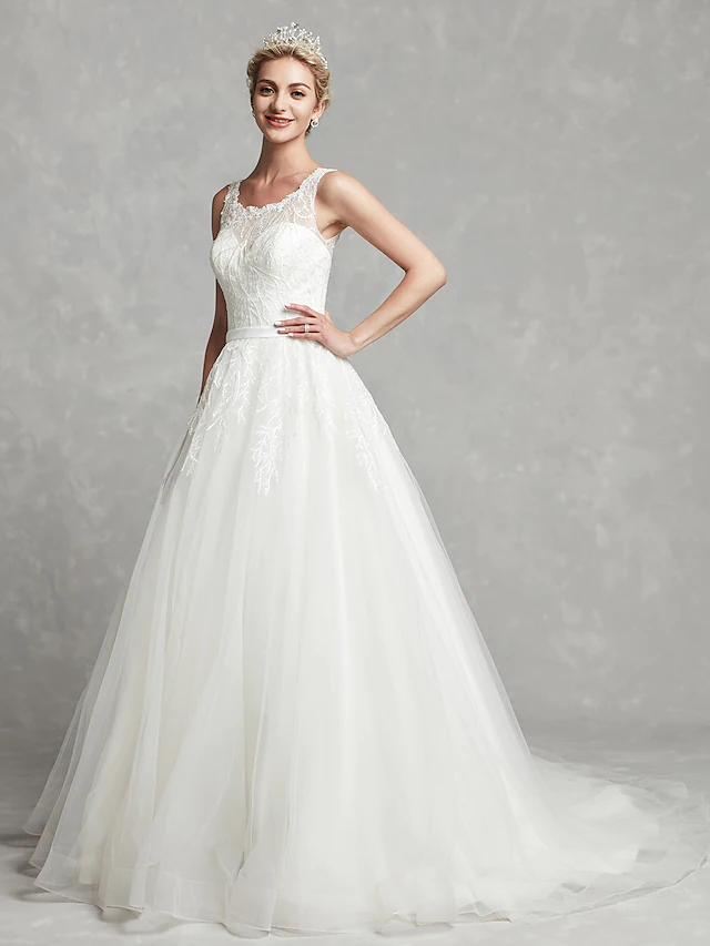 A-Line Wedding Dresses Scoop Neck Chapel Train Lace Tulle Regular Straps Formal Illusion Detail with Lace Sash