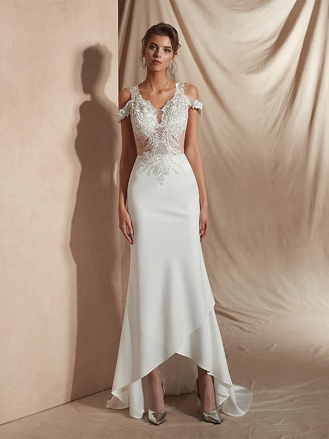 Mermaid Trumpet Wedding Dresses V Neck Asymmetrical Matte Satin Short Sleeve Casual Sexy Illusion Detail Modern