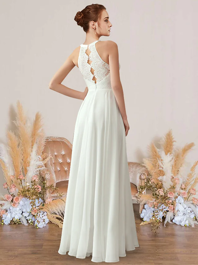 A-Line Wedding Dresses Jewel Neck Floor Length Chiffon Lace Sleeveless Romance Beach with Pleats Beautiful