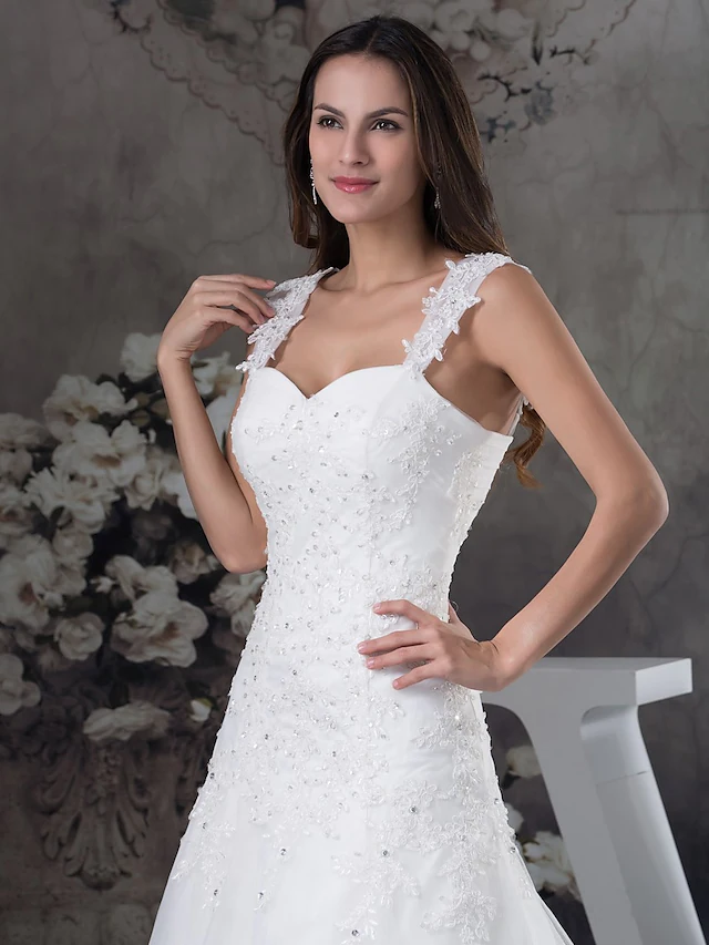 A-Line Wedding Dresses Sweetheart Neckline Chapel Train Lace Tulle Spaghetti Strap with Beading