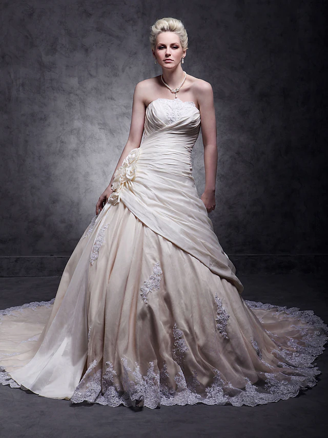A-Line Wedding Dresses Strapless Cathedral Train Taffeta Beaded Lace Strapless Glamorous Plus Size with Beading Lace Insert
