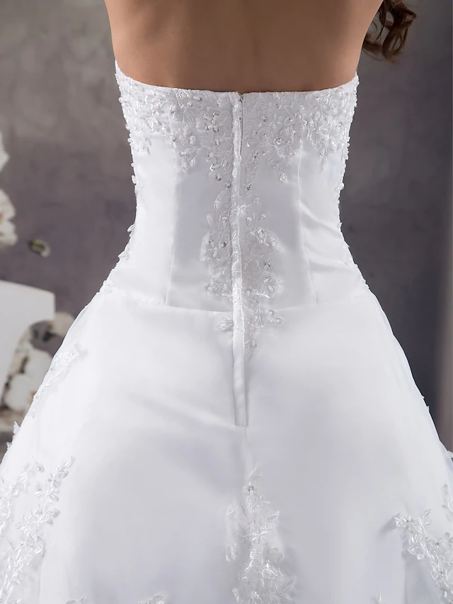 A-Line Wedding Dresses Strapless Chapel Train Lace Organza Satin Strapless with Beading Appliques Cascading