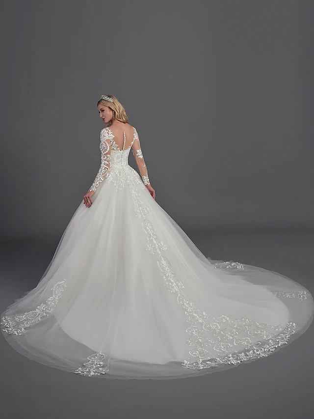 Ball Gown Wedding Dresses Illusion Neck Chapel Train Lace Tulle Long Sleeve Glamorous See-Through Illusion Detail with Buttons