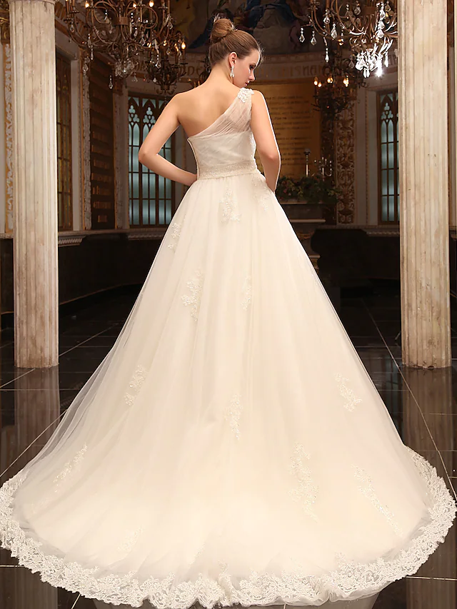 Princess A-Line Wedding Dresses One Shoulder Court Train Satin Tulle Sleeveless Long