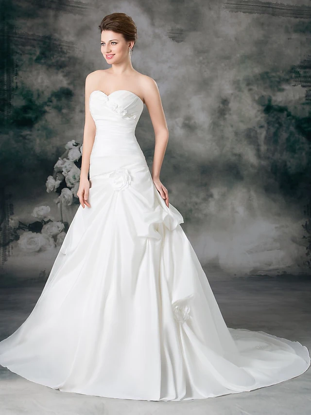 A-Line Wedding Dresses Sweetheart Neckline Court Train Satin Taffeta Strapless with Ruched