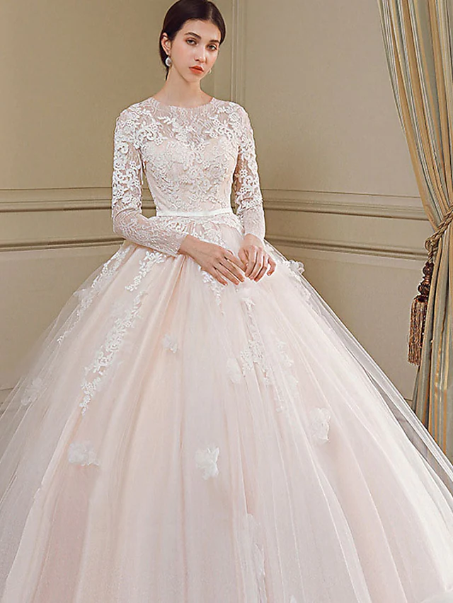 Princess Ball Gown Wedding Dresses Jewel Neck Chapel Train Lace Tulle Long Sleeve Formal Romantic Luxurious with Bow(s)