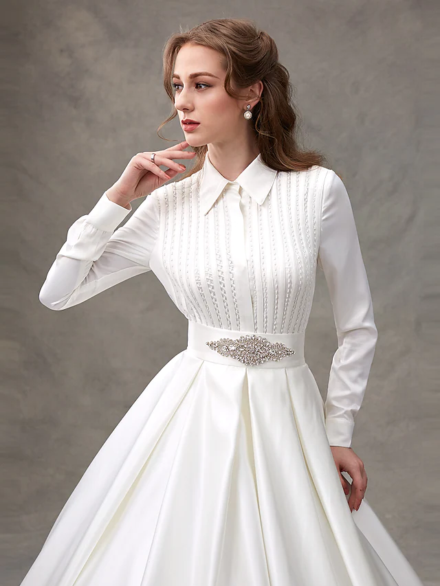 Ball Gown Wedding Dresses High Neck Satin Long Sleeve Glamorous Sparkle & Shine with Bowknot Sash Ribbon