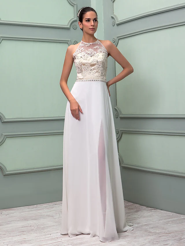 Wedding Dresses Jewel Neck Floor Length Chiffon Lace Regular Straps See-Through with Sash Ribbon