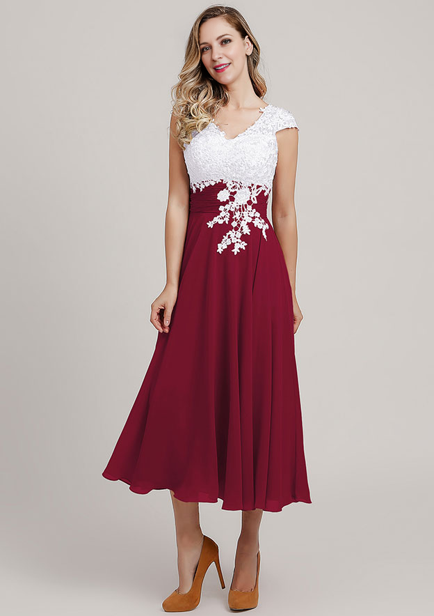 Chiffon Mother of the Bride Dress A-linePrincess V Neck Short Sleeve Tea-Length With Lace Short
