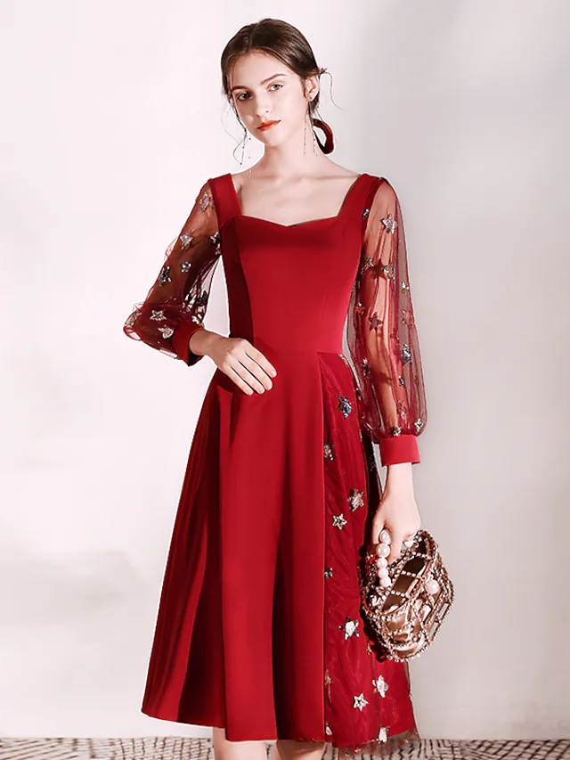A-Line Glittering Princess Homecoming Cocktail Party Dress Scoop Neck Long Sleeve Tea Length Stretch Fabric with Sequin