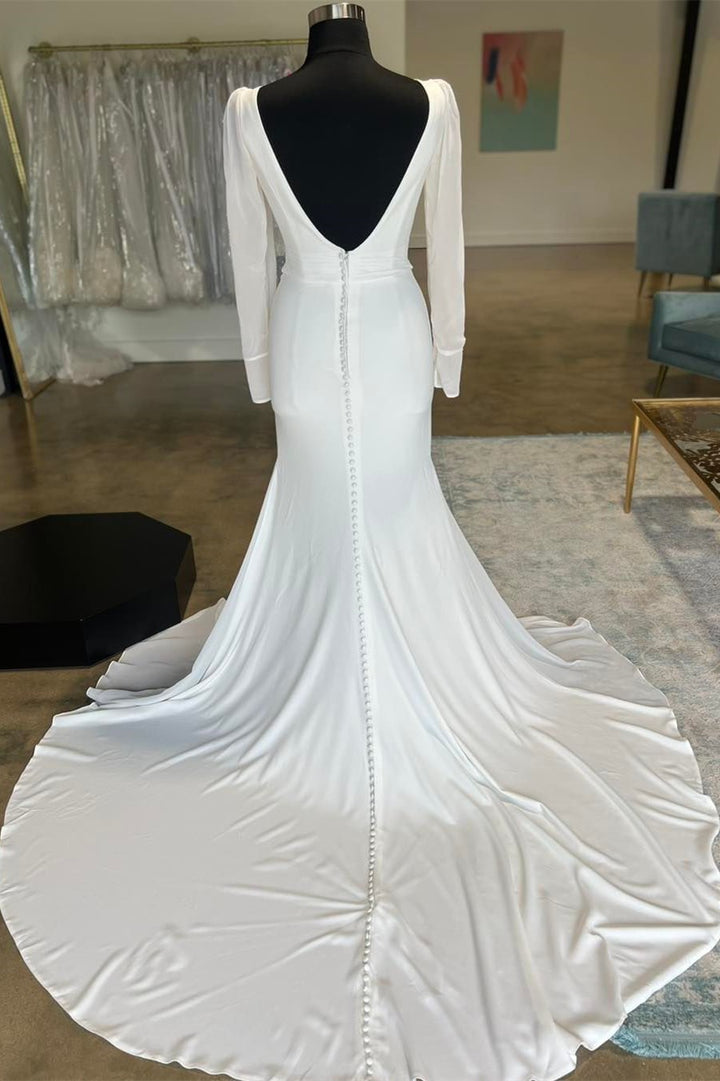 White Plunge V Open Back Long Wedding Dress with Long Sleeves Sexy