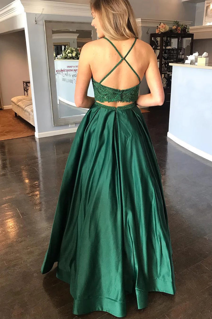 Straps Two Piece Satin & Lace With Beads A Line Prom Dresses Sexy Evening Dresses