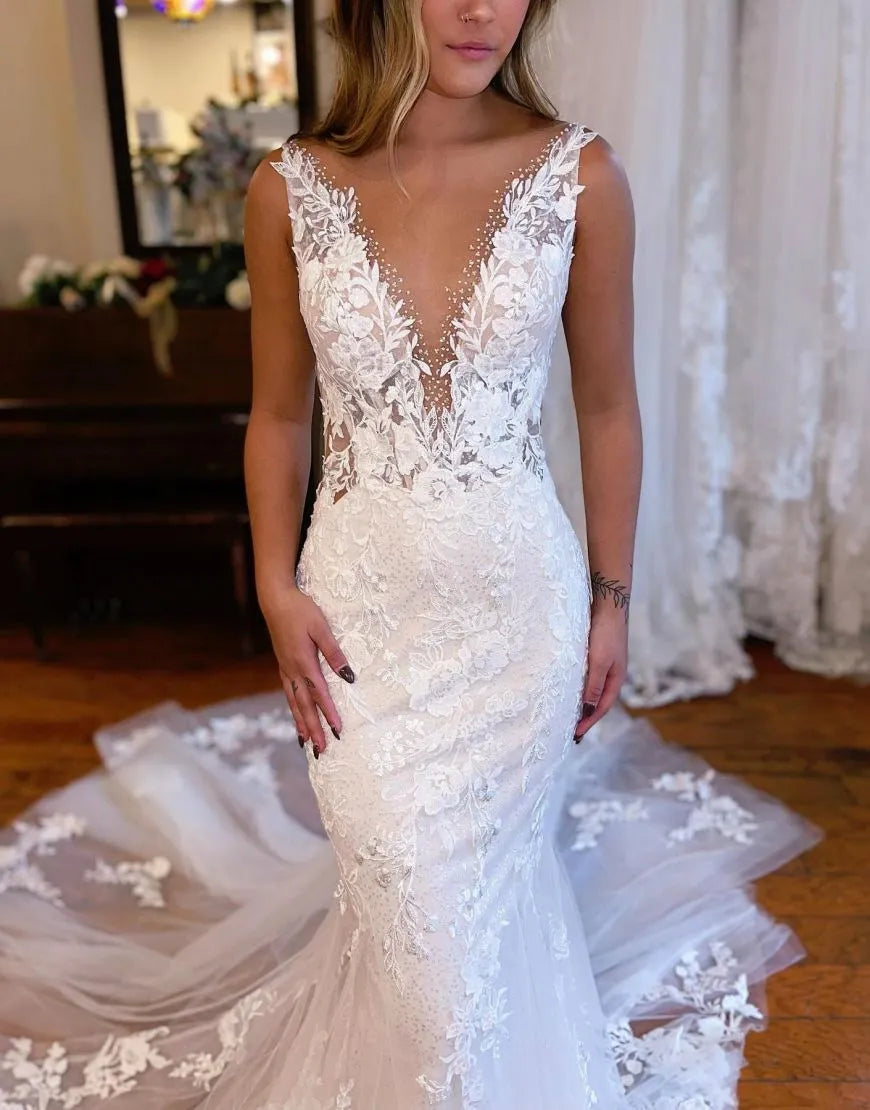 Mermaid Deep V Neck Train Wedding Dress With Appliques Sexy Long