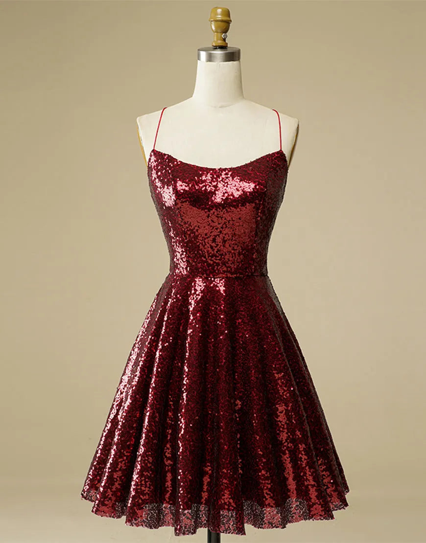 A-Line Lace Up Seqins Dress Glitter Homecoming Dress Sparkly