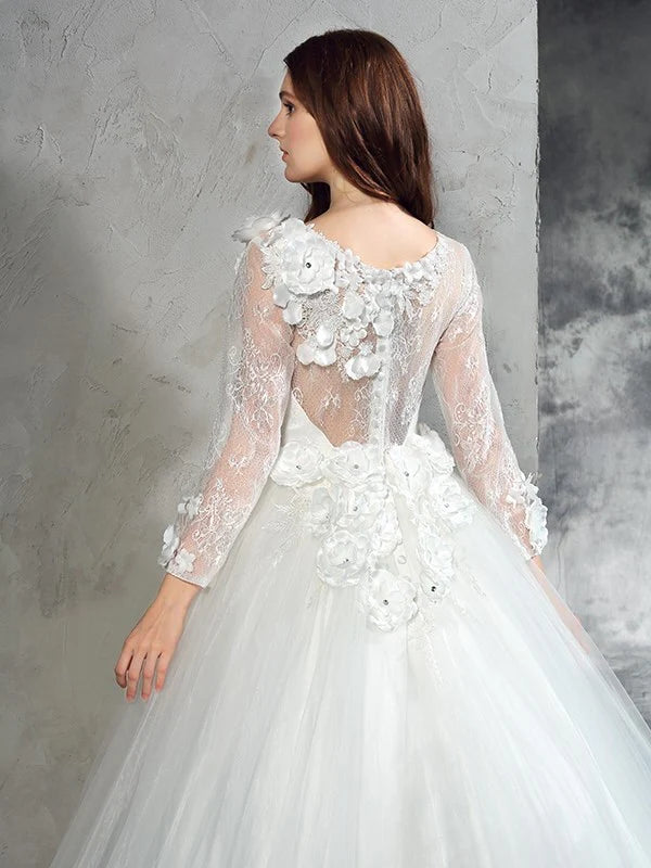 Ball Gown Sheer Neck Hand-Made Flower Long Sleeves Long Net Wedding Dresses With Flowers