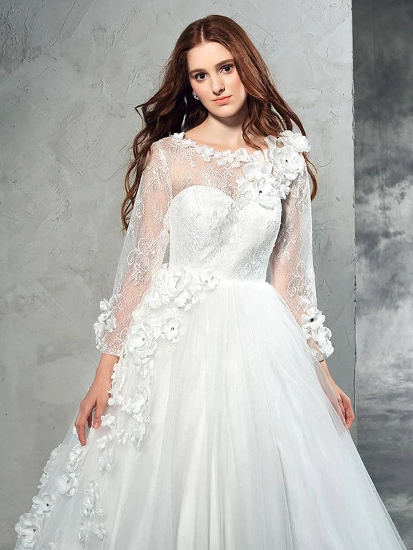 Ball Gown Sheer Neck Hand-Made Flower Long Sleeves Long Net Wedding Dresses With Flowers