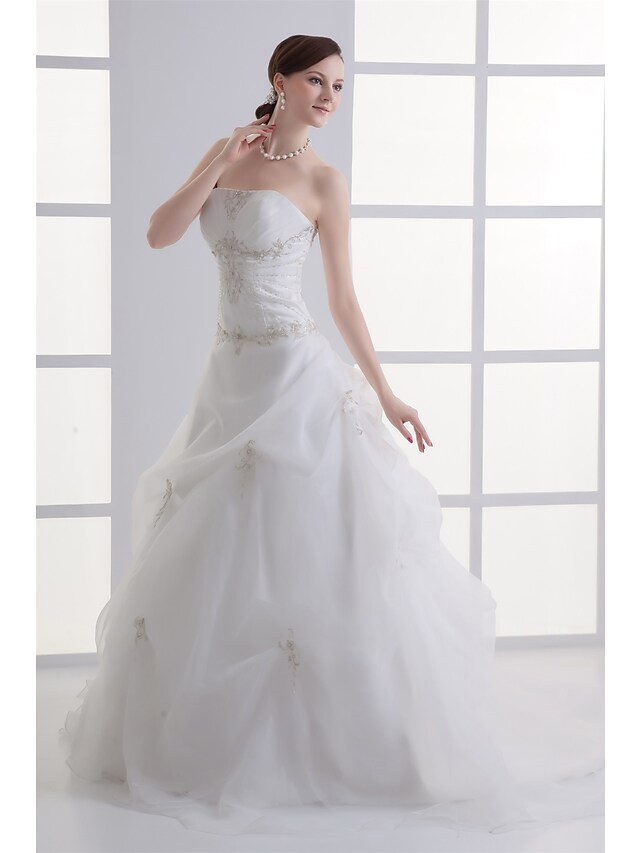 A-Line Wedding Dresses Strapless Court Train Organza Satin Strapless with Pick Up Skirt Ruched