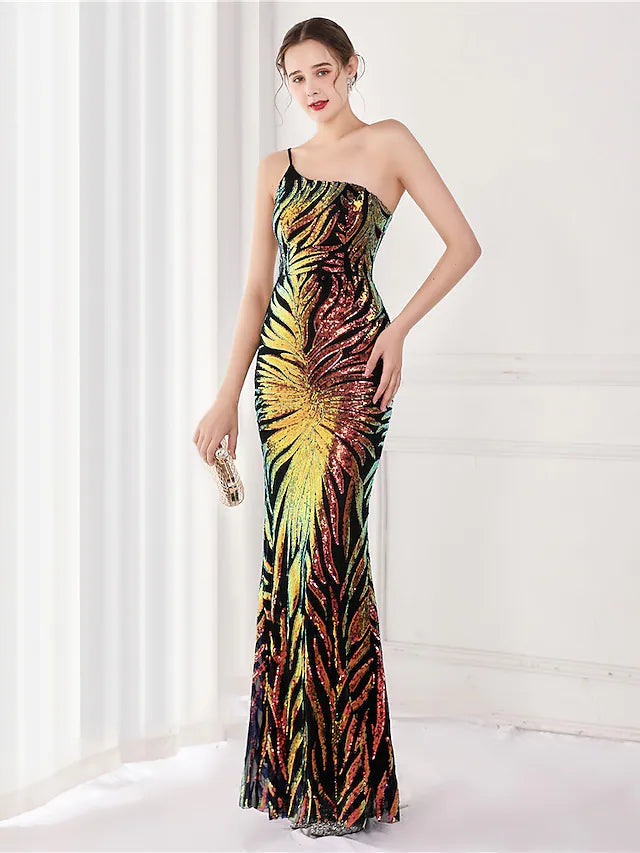 Mermaid / Trumpet Evening Gown Elegant Dress Wedding Guest Floor Length Sleeveless One Shoulder Sequined V Back