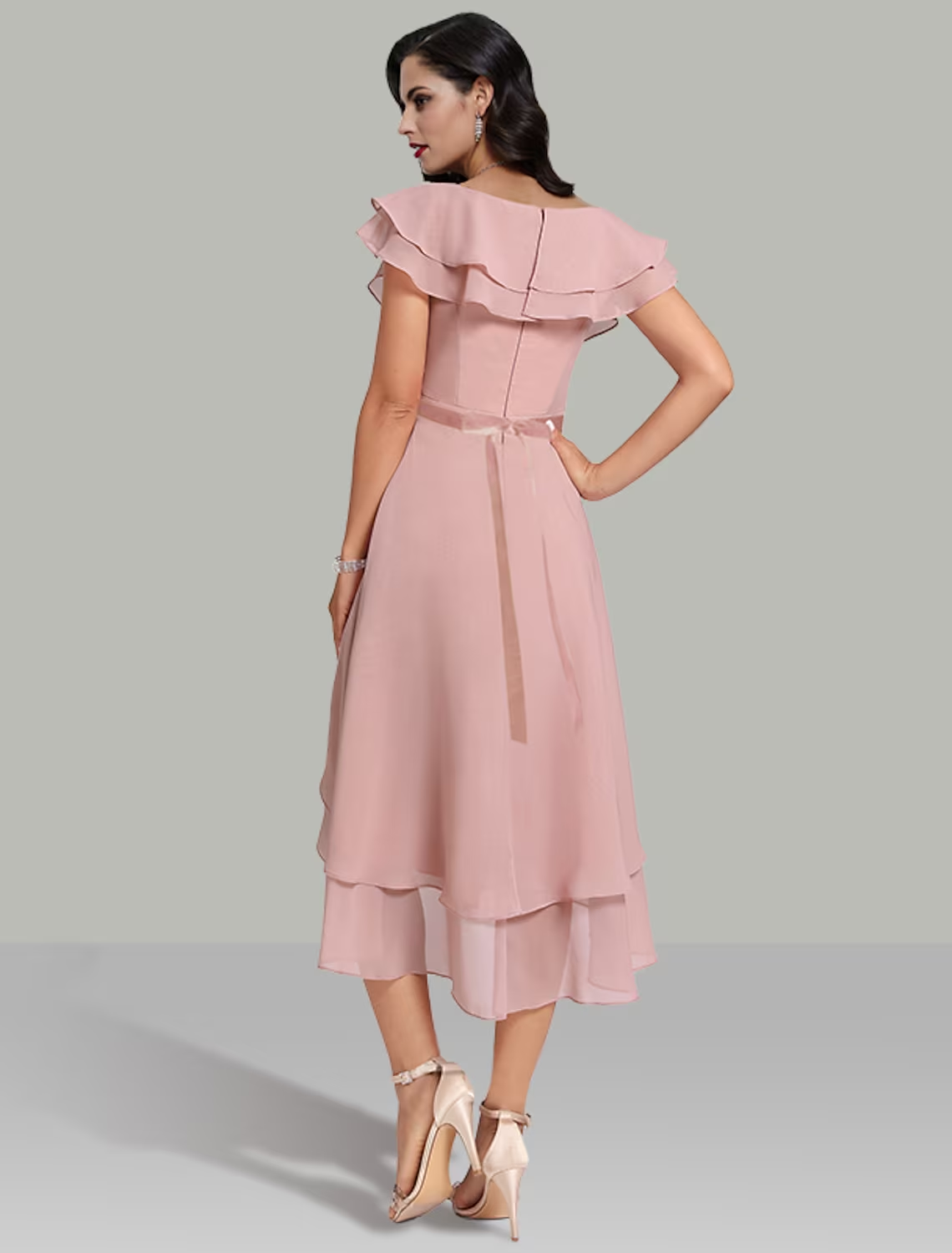 A-Line Wedding Guest Dresses Tiered Dress Cocktail Party Tea Length Short Sleeve V Neck Belt / Sash Chiffon