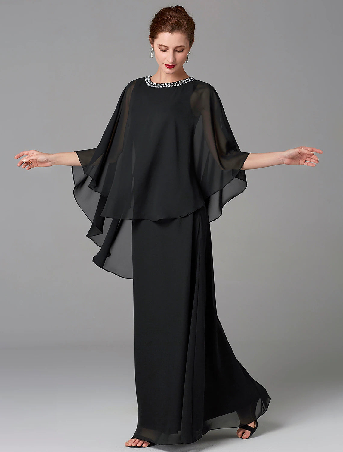 A-Line Mother of the Bride Dress Wedding Guest Elegant Cape Dress Plus Size Jewel Neck Floor Length Chiffon Sleeveless