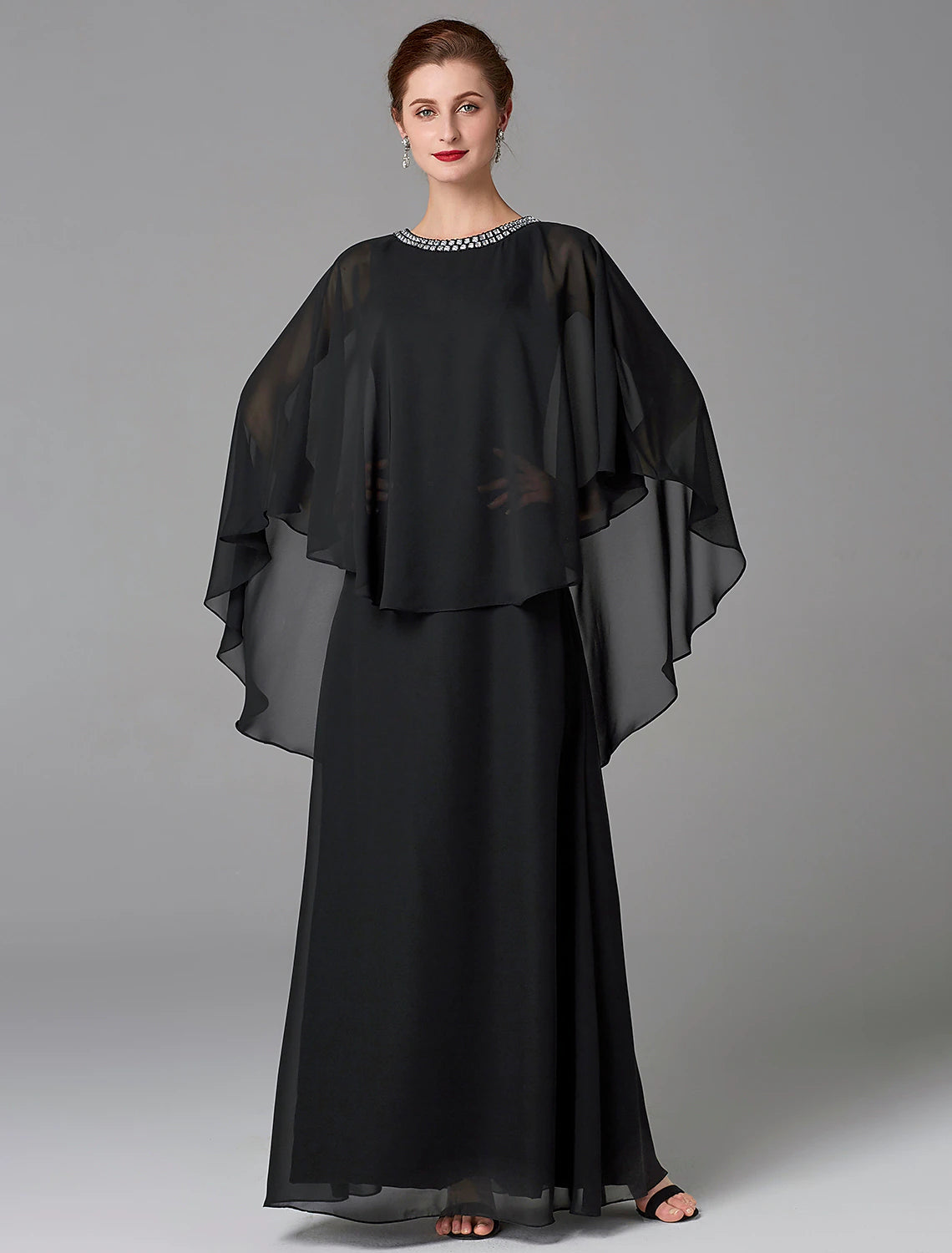 A-Line Mother of the Bride Dress Wedding Guest Elegant Cape Dress Plus Size Jewel Neck Floor Length Chiffon Sleeveless