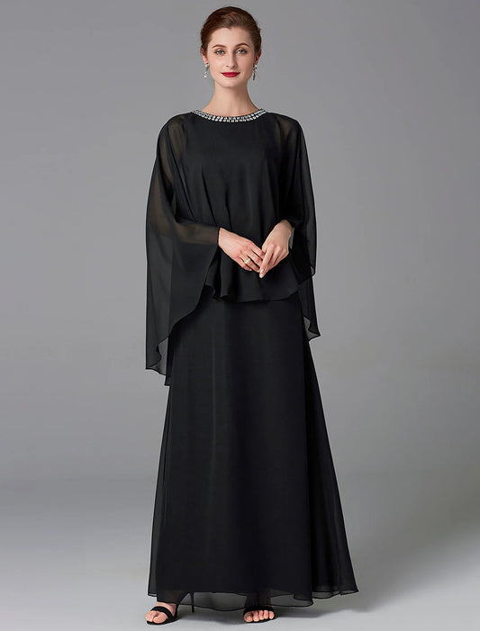 A-Line Mother of the Bride Dress Wedding Guest Elegant Cape Dress Plus Size Jewel Neck Floor Length Chiffon Sleeveless